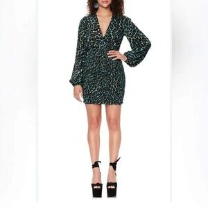 AFRM Leopard Print‎ Smocked Waist V Neck Long Sleeve Mini Dress size SP NWT